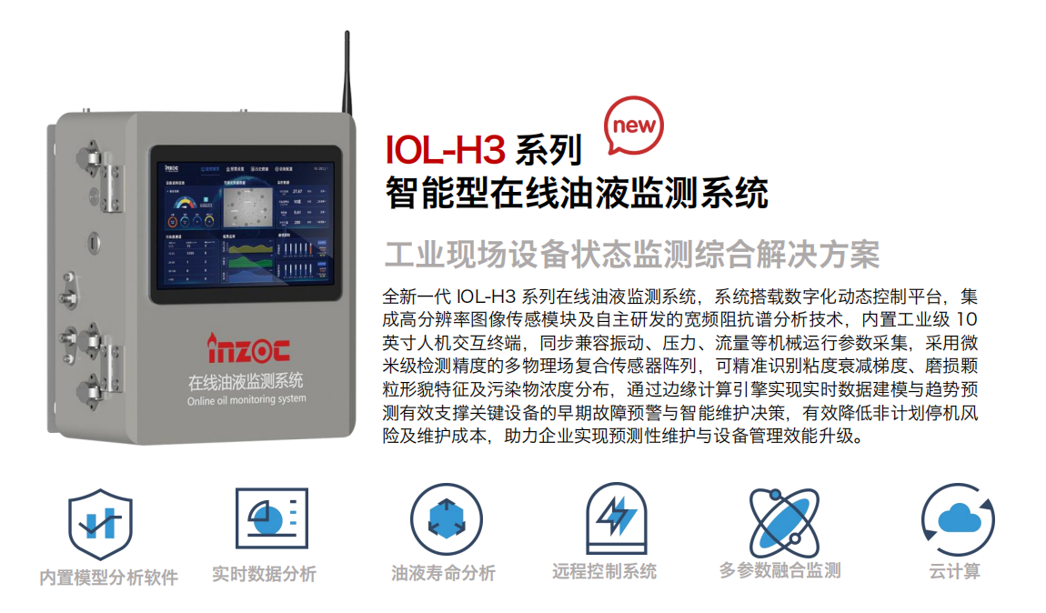 IOL-H3系列智能型在線油液監測系統-工業現場設備狀態監測綜合解決方案圖1 全新一代 IOL-H3 系列在線油液監測系統，系統搭載數字化動態控制平臺，集成高分辨率圖像傳感模塊及自主研發的寬頻阻抗譜分析技術，內置工業級 10英寸人機交互終端，同步兼容振動、壓力、流量等機械運行參數采集，采用微米級檢測精度的多物理場復合傳感器陣列，可精準識別粘度衰減梯度、磨損顆粒形貌特征及污染物濃度分布，通過邊緣計算引擎實現實時數據建模與趨勢預測有效支撐關鍵設備的早期故障預警與智能維護決策，有效降低非計劃停機風險及維護成本，助力企業實現預測性維護與設備管理效能升級。